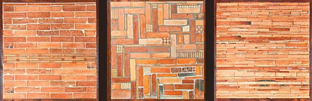 Vzorec iz raznolikih ploščic stare opeke, ki so položene z navdihom tistega trenutka. Spodnji desni kot sredinskega kvadrata je premazan z sredstvom in je dober primer mokrega izgleda opeke.